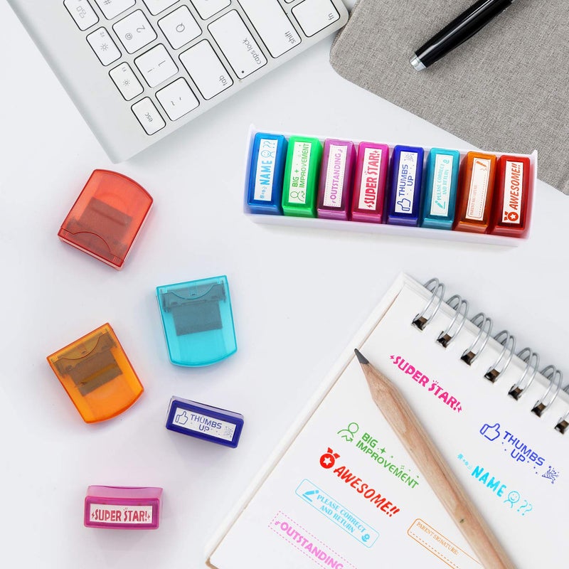 RELIANCER 8PCS Teacher Stamp Set Colorful Self-Inking Motivational Classroom Stamper for Grading Encouraging Rating Stamp Student Parent Signature Stamps for Homework School Homeschool Reward Supplies - Image 2